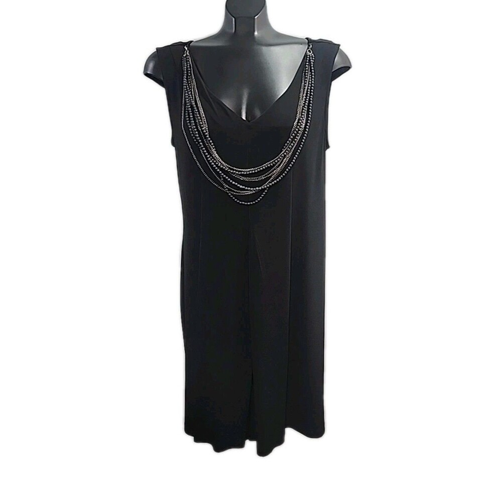 St. Tropez West Dress Black Women Sz 14 Tank Sleeveless Bead Knit Polyester Knee